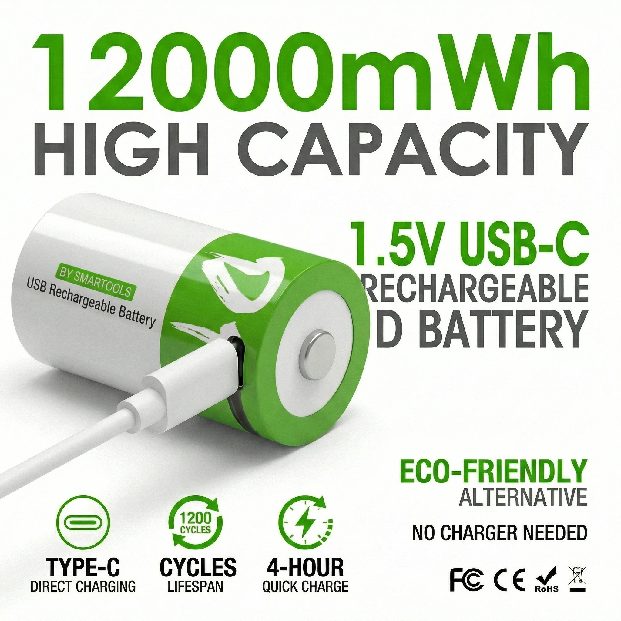 12000mWh LR20 D1 Rechargeable Battery 1.5V Lithium Cell Long Lasting Power with Type-C Cable for Water Heater Emergency Lighting