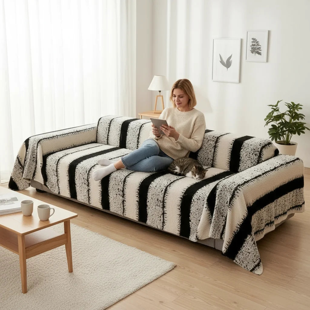 أبيض وأسود سميكة مخطط أريكة منشفة البوهيمي ريترو ستايل قطعة واحدة غطاء أريكة القماش لغرفة المعيشة ديكور المنزل #3