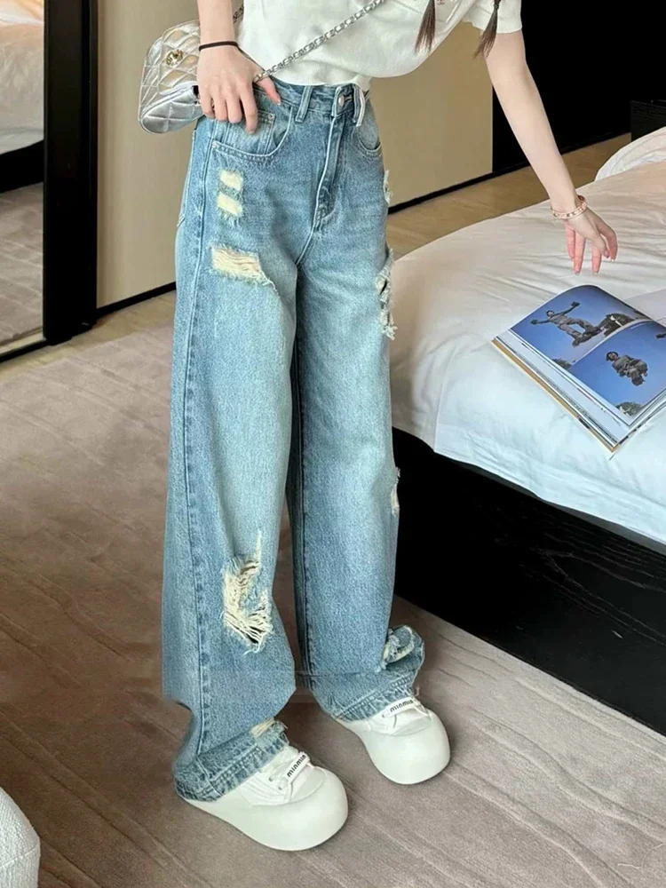 Basic Washed Vintage Distressed Chic scava fuori i pantaloni delle gambe femminili moda estiva semplice Casual Straight Street Jeans larghi da donna