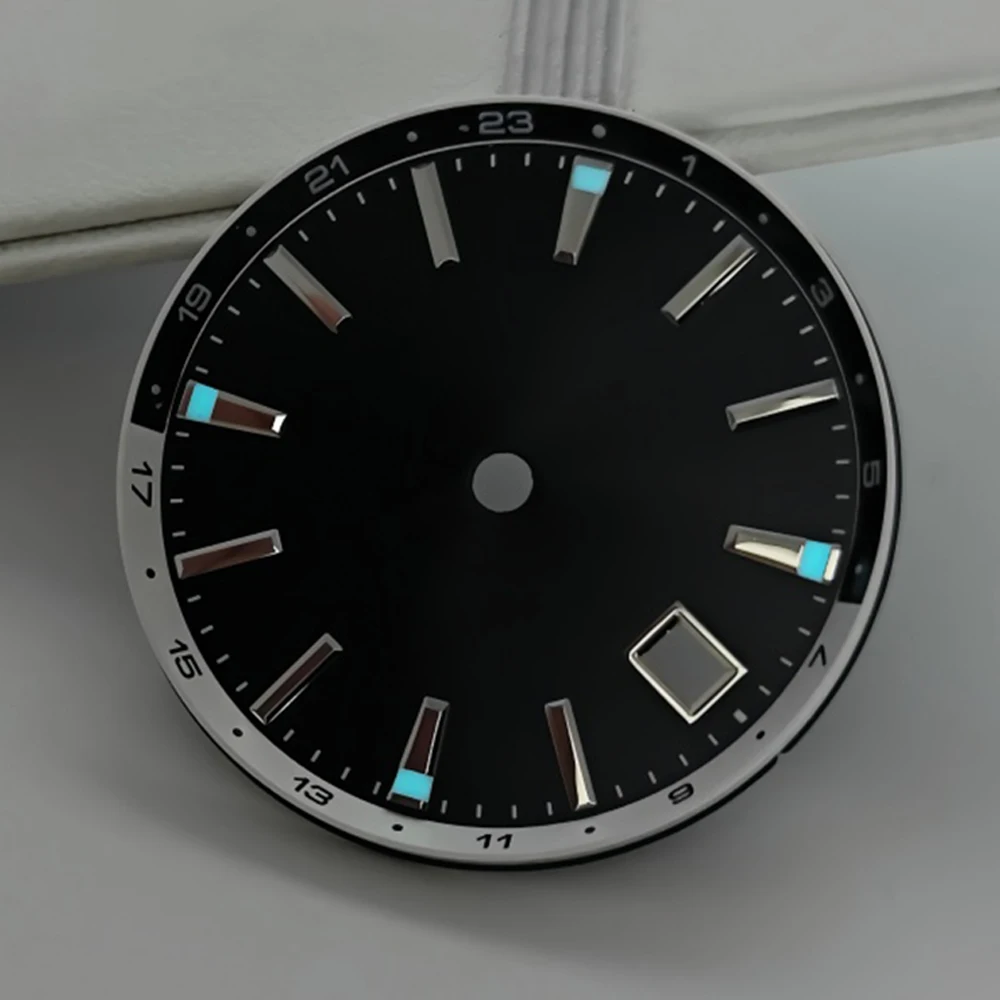 33 مللي متر ساعة الطلب الفضة الأظافر الأزرق مضيئة NH34 الطلب ل NH34 حركة تقويم واحد ساعة الوجه تعديل الملحقات