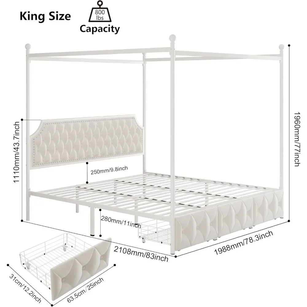 Upholstered canopy bed frame, 3 drawer headboards, 4 removable pillar platform beds, no springs, beige/curtains not included