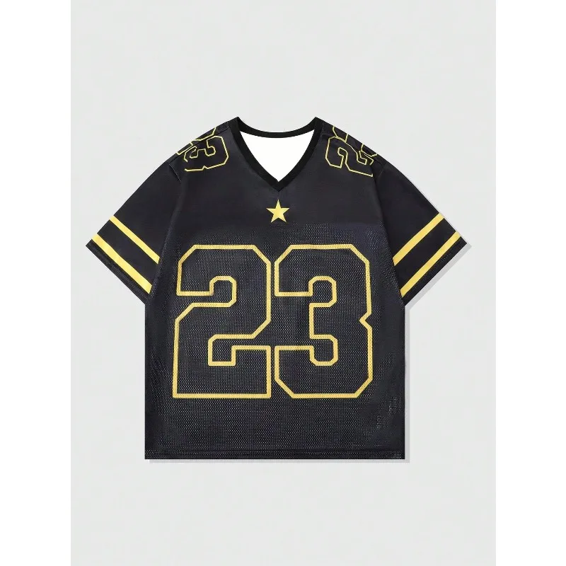 

Hip hop American style patchwork mesh V-neck jersey T-shirt for men and women, breathable and cool summer sports top