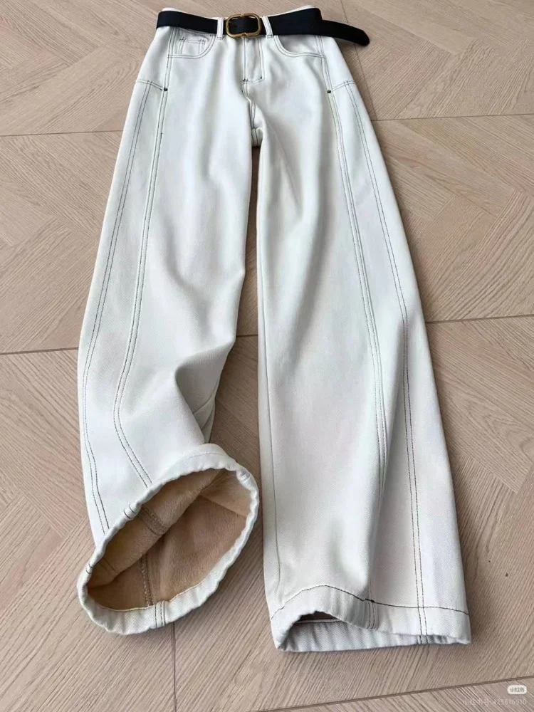 

Большие размеры Fce Lined Thi Джинсовые брюки Женские зимние прямые брюки с высокой талией и широкими штанинами Свободные утягивающие джинсы Повседневная одежда