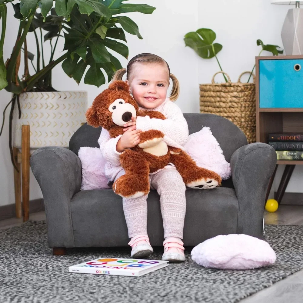 Sofás de felpa para niños, sofá con almohadas de acento, carbón/rosa, marco de madera fuerte cubierto con espuma de alta densidad