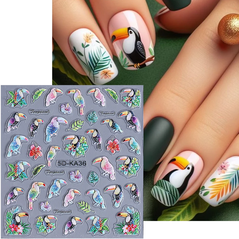 1/2 قطعة 5D تنقش الببغاء الطيور مسمار الفن ملصقات الاستوائية ورقة زهرة فلامنغو تصميم مسمار الشارات الديكور DIY بها بنفسك مانيكير المنزلق