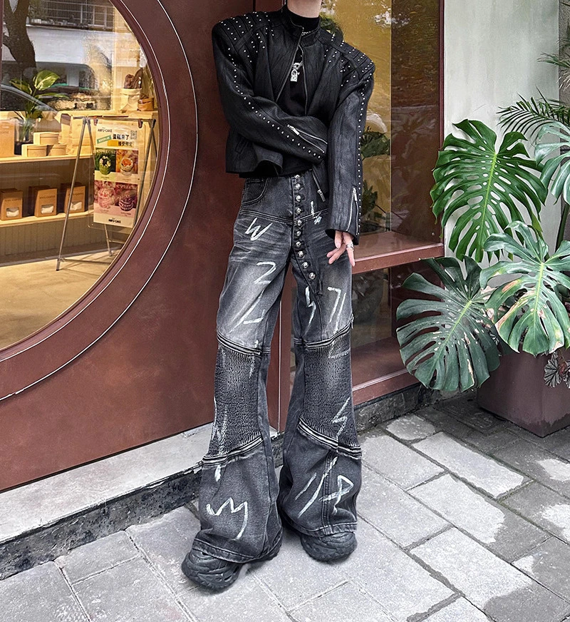 Men's Trendy Denim Trousers Men's 2025 Autumn New Fashion Loose High Street Denim Pants Unique Contrast Color Flared Long Pants