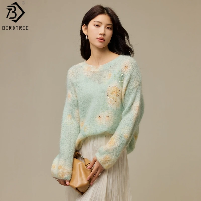 Birdtree, Wool Blended Sequin Sweater, Long Sleeve Print Tops, O-neck, Women's Knitted Warmth Loose 2026 New Pullover T69004JF