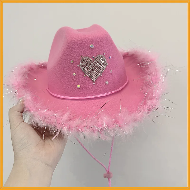 2PCS الوردي الفضة الخوخ باربي نقطة الماس ريشة حزب قبعة رعاة البقر الديكور #1