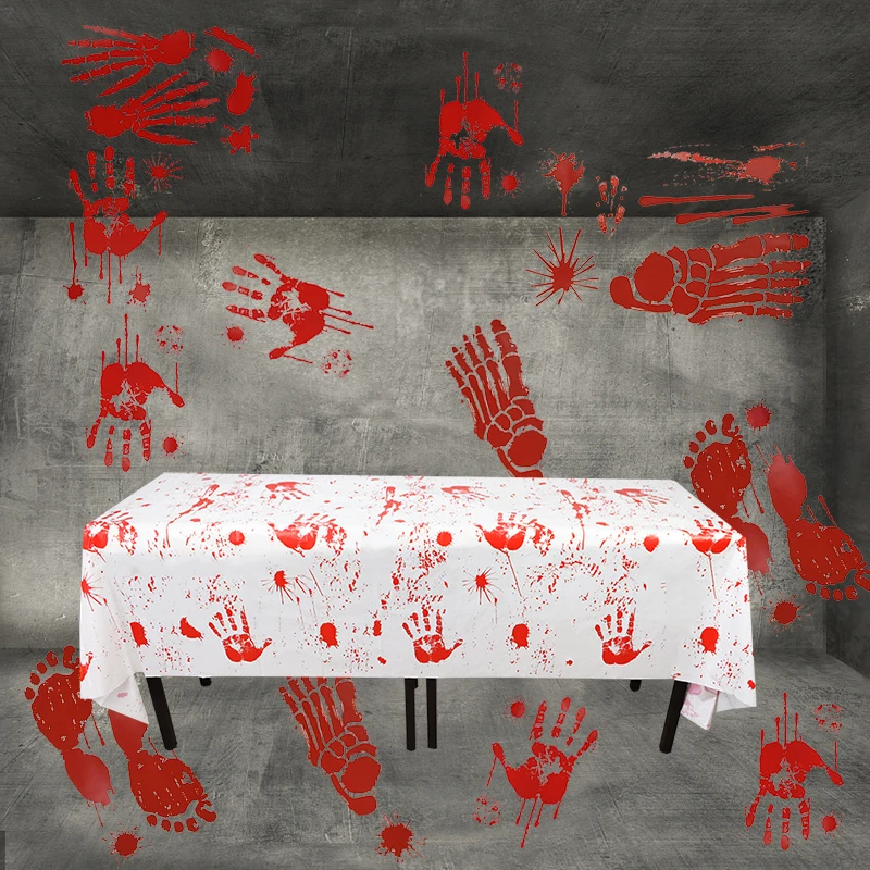 

1PC 260 * 130cm Halloween Plastic Blood Handprint Disposable Tablecloth, Halloween Party Horror Table Decoration
