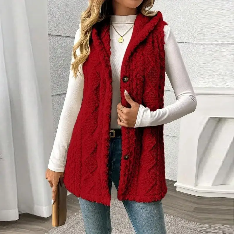 

652F Women's Hooded Vest Winter Wool Button-Up Long Vest Warm Lightweight Autumn Outerwear