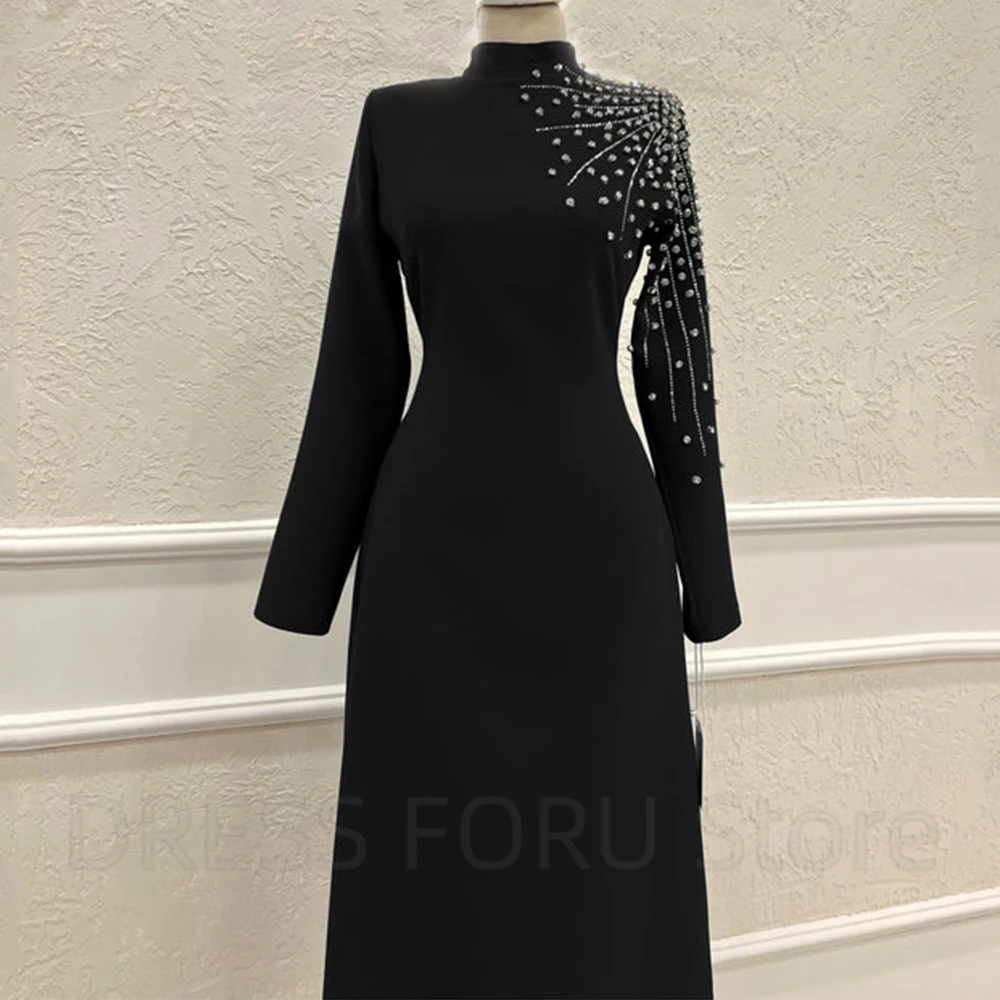 Elegant Black Mother of the Bride Dress High Neck And Long Sleeve with Beading A-Line Ankle Length for Wedding Party Guest