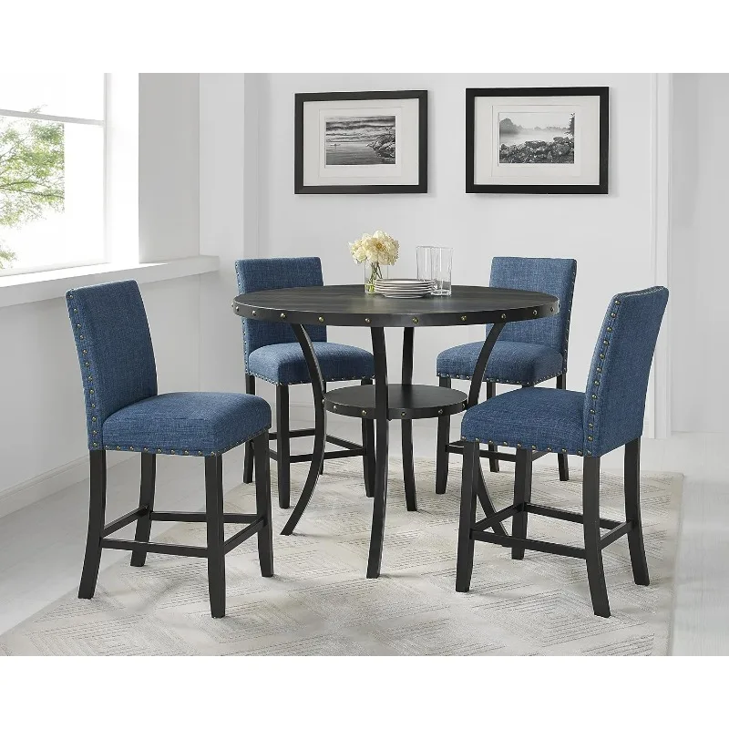 Collection Biony Espresso Wood Counter Height Dining Set with Blue Fabric Nailhead Stools