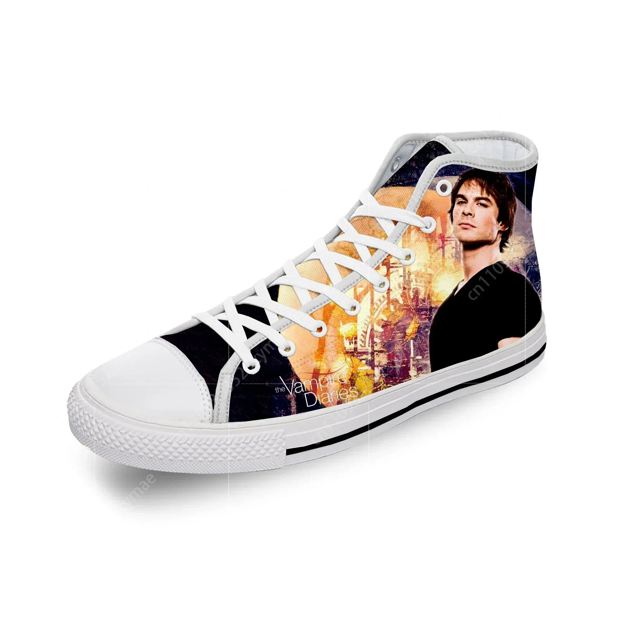 Кроссовки The Vampire Diaries Damon Salvatore из белой ткани с 3D-принтом, высокие, из канваса, для мужчин и женщин, легкие, дышащие