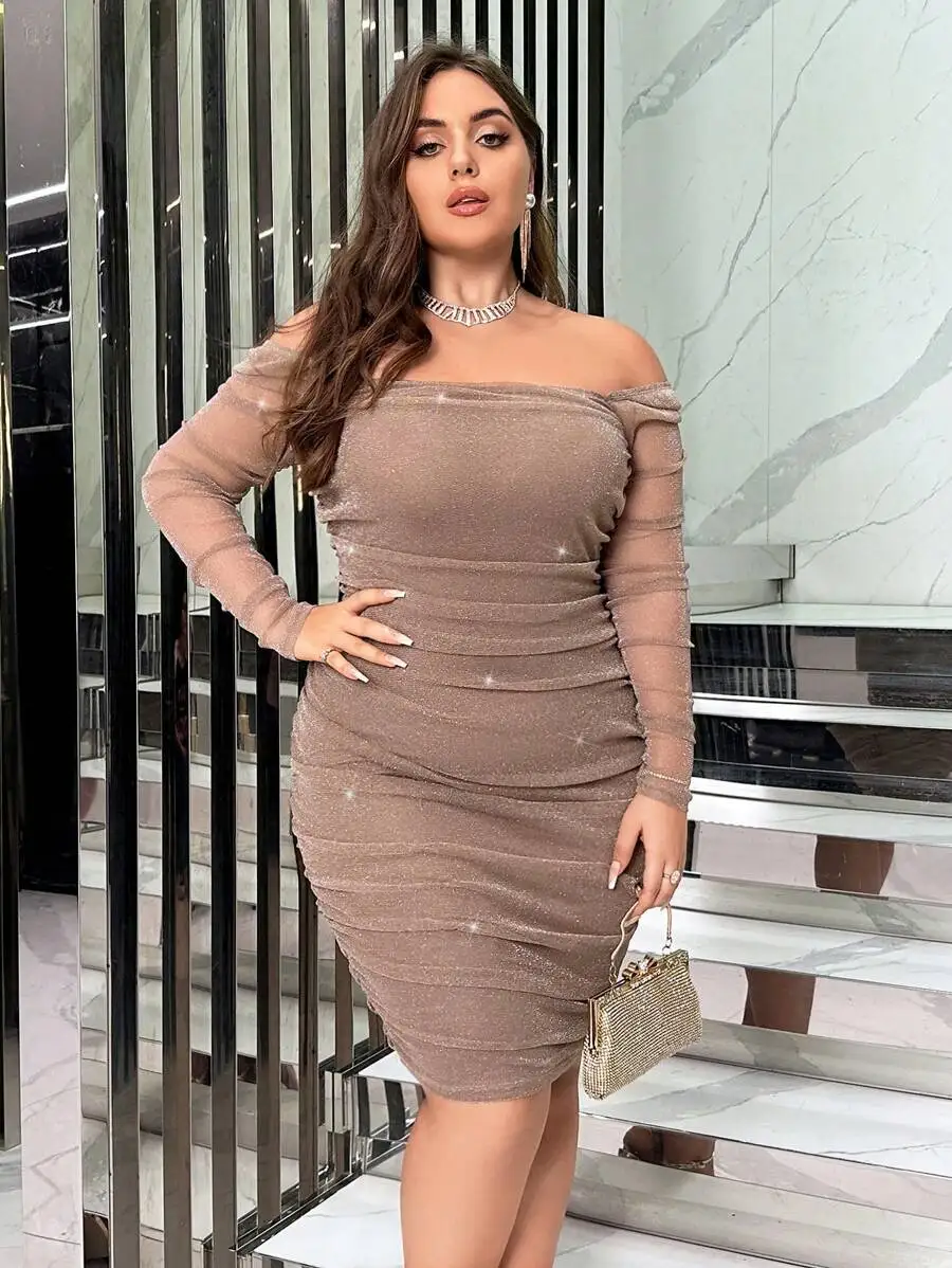 

Off Shoulder Ruched Glitter Bodycon Evening Dress