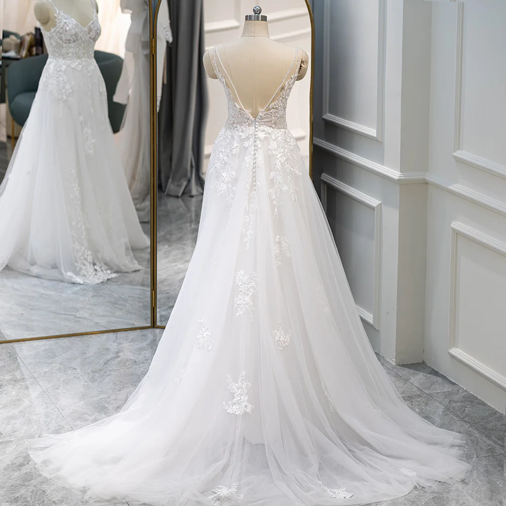Fashion A-line Wedding Dresses V-neck Backless Custom-Made Court Train Appliques Customized Sleeveless vestidos novias boda