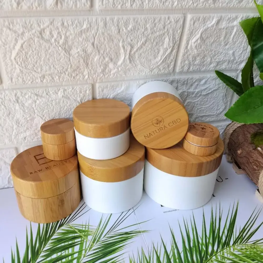 

plastic jar with lid Bamboo Covered Cream Plastic Jars lot Essence cream Container CBD Hemp Cream wood containers for women
