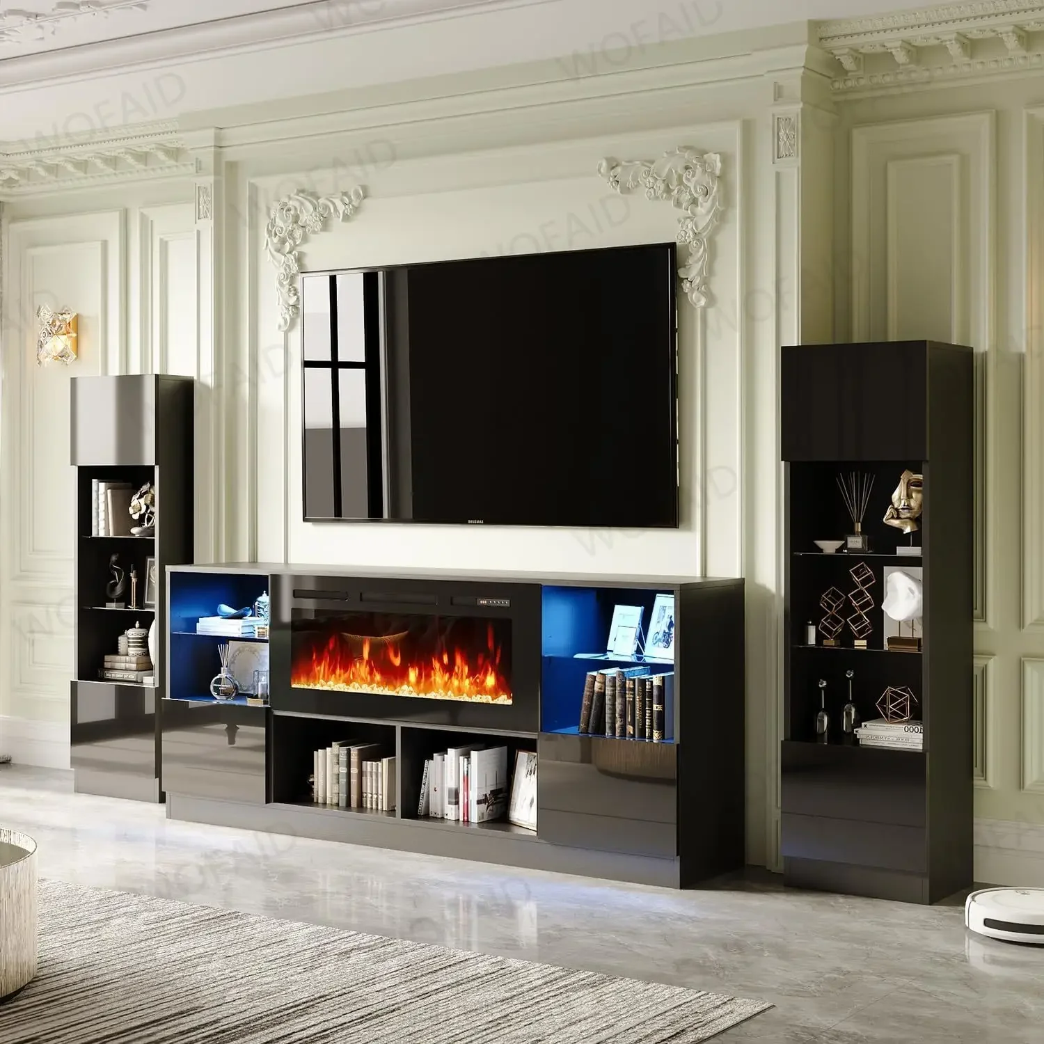 Vapor Fireplace Black Entertainment Center ตู้หนังสือชุดขาตั้งทีวีเตาผิงไฟฟ้าสําหรับห้องนั่งเล่นเฟอร์นิเจอร์ Organizer