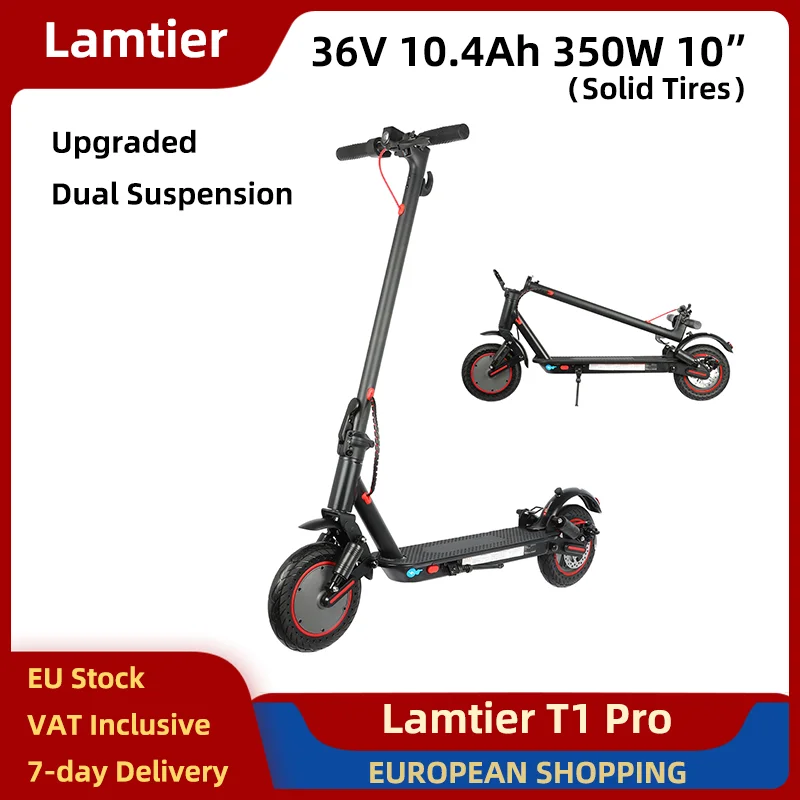 Monopattino Elettrico Lamtier T1 Pro 350W 36V 10.4Ah, Pneumatici Solidi da 10 Pollici, Doppia Sospensione, Telaio in Lega di Alluminio Pieghevole, Freno a Disco Posteriore