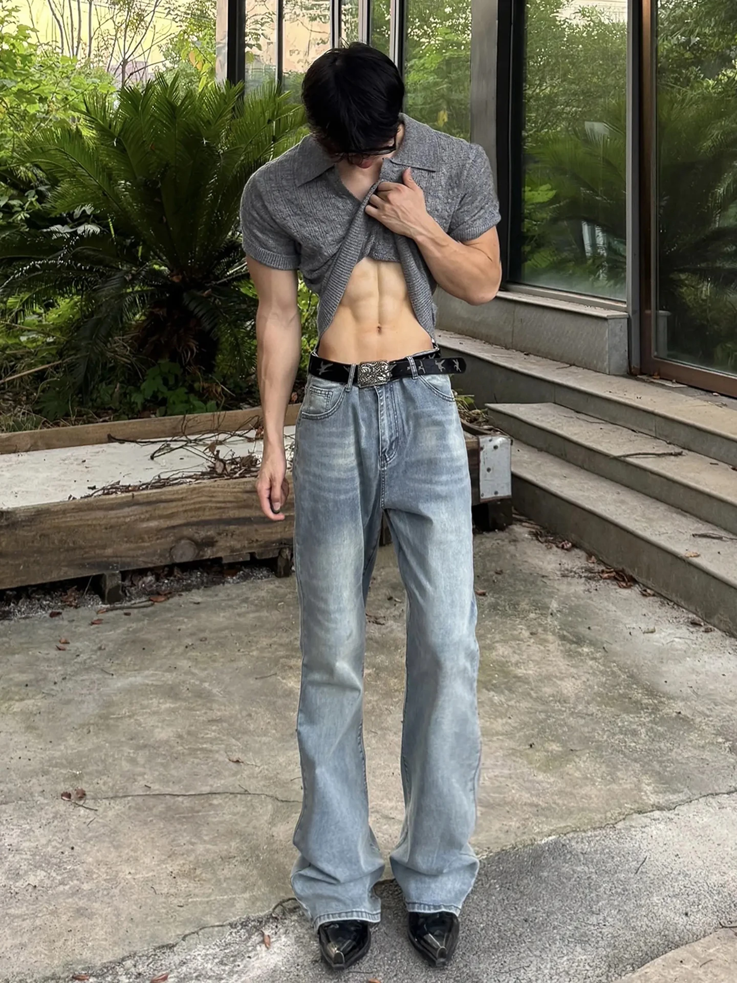 

Мужские джинсы в американском ретро-стиле, синие, с изогнутыми штанинами, летние, тонкие, прямые, облегающие, повседневные, свободного кроя, из хлопкового денима