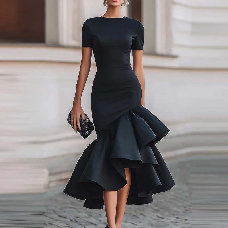Damen O-Ausschnitt Kurzarm Slim Fit Partykleid Sommer Rüschensaum Elegantes Langes Kleid Unregelmäßiger Hoher Bund Alltagstaugliches A-Linien-Kleid