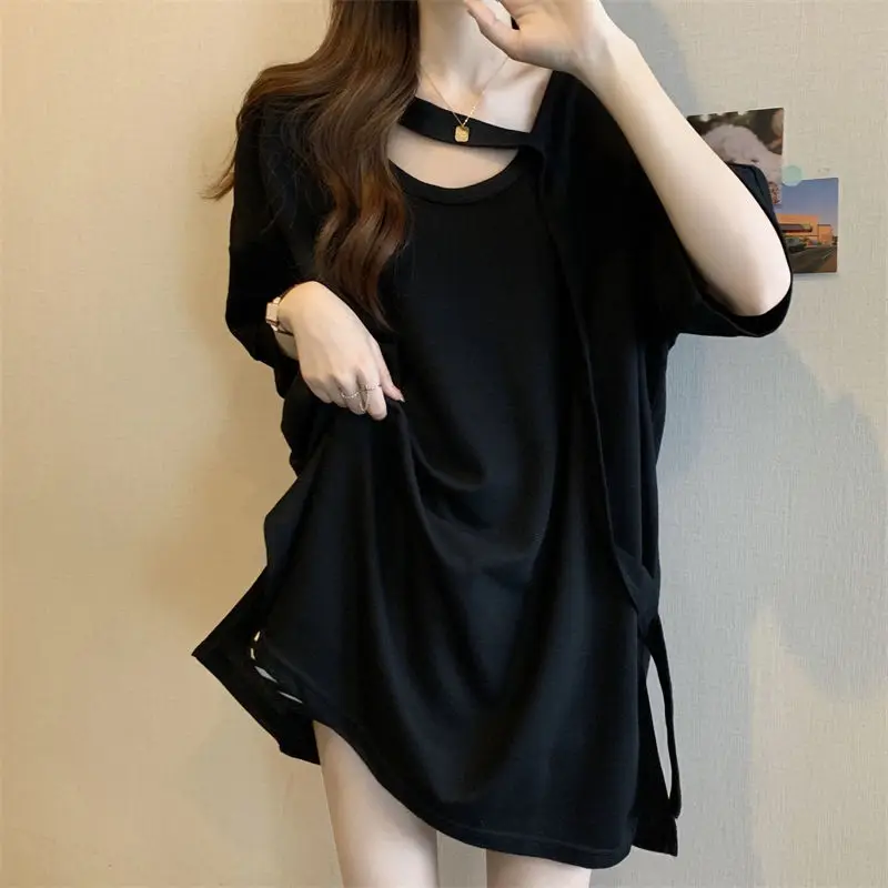 Summer New Hollow Out Loose T Shirt Tops Round Neck Short Sleeve Solid Color Pullovers Trend Casual Fashion Women Clothing - Image 3