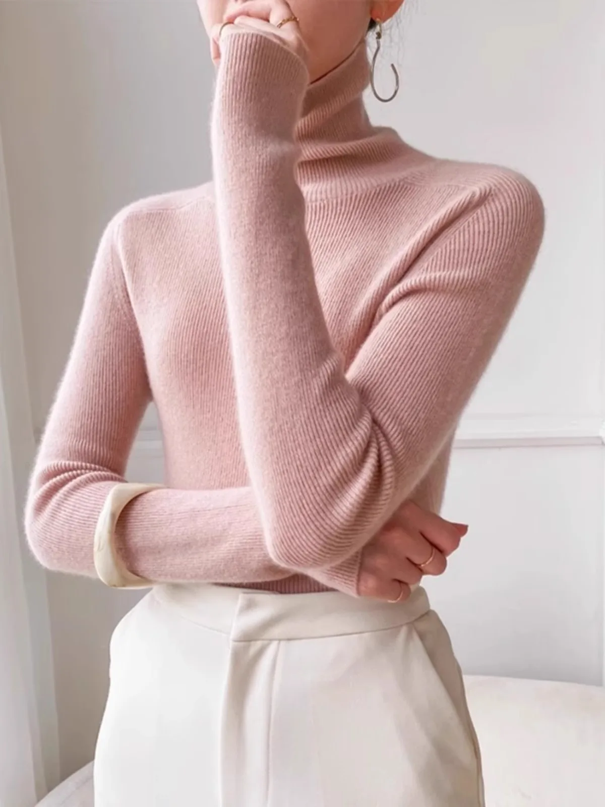 الخريف الشتاء المرأة عالية الياقة Thiened Camere محبوك سترة قسط الشعور ملابس داخلية قاعدة طبقة الصوفية