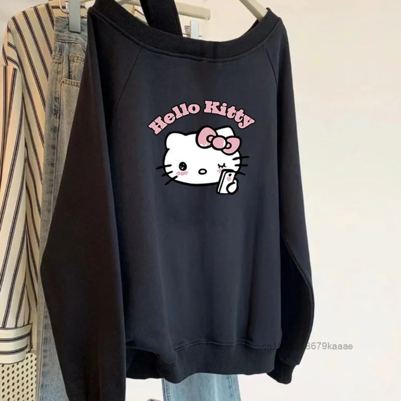 Hello Kitty Slanted Neck Off Shoulder Long Sleeved Hoodies Women\'s Autumn Winter Pure Cotton Pullovers Korean Version Casual Top