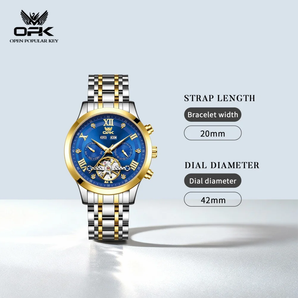 OPK 8198 Automatic Mechanical Men's Watch High Quality Skeleton FLywheel Luminous Waterproof Classic Business Wristwatch for Man