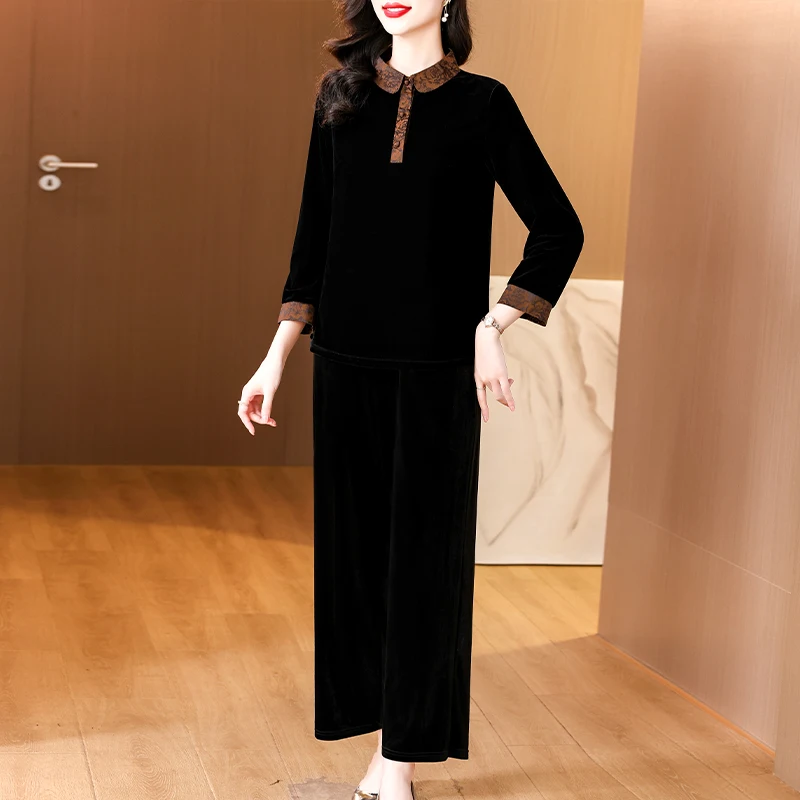 Large Size Casual Sets Spring Fall Middle Aged Mother Retro Gold Velvet Pants Two Piece Suit Women Velvet Conjunto Tracksuit