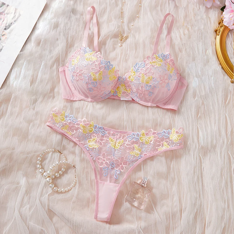 

Women Sexy Lingerie Cute Floral Lace Underwear Beautiful Transparent Lingerie Sweety Pink Bra Set Three-Point Intimate Sexy Set