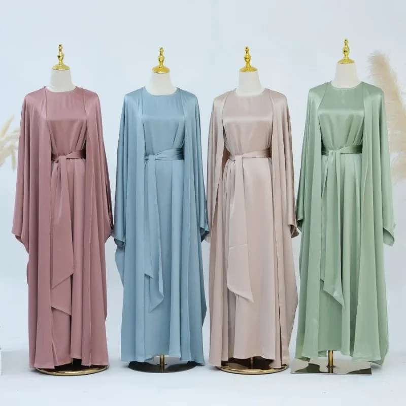 Dubai Abaya Muslim Women Dress and Coat 2-piece Set Eid Ramadan Solid Color Robe Elegant Party Muslim Sets Islam Modest Clothing