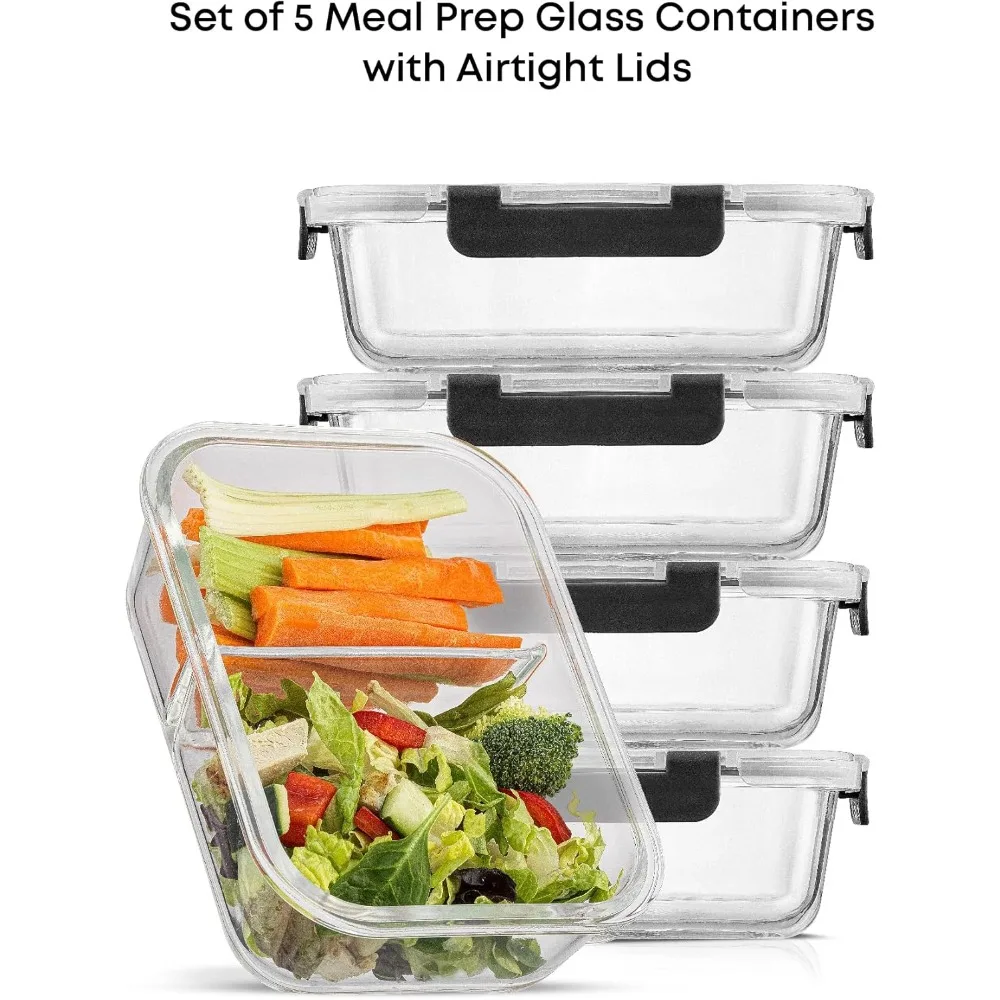 Recipientes de alimentos de vidro divididos de 5 pacotes com tampas, caixa hermética de preparação de refeição para controle de porções e perda de peso