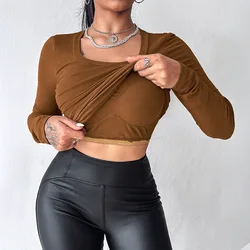 Two Piece U-Neck Long Sleeve Athletic Tank Tops with Built-In Bras Ribbed Design Casual Pack T-shirt Y2k 2024 Autumn Winter New