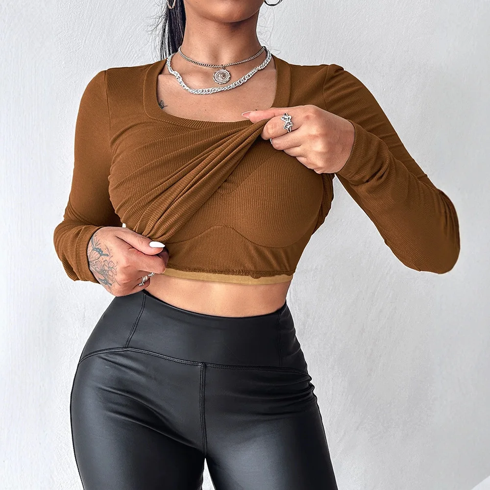 Two Piece U-Neck Long Sleeve Athletic Tank Tops with Built-In Bras Ribbed Design Casual Pack T-shirt Y2k 2024 Autumn Winter New