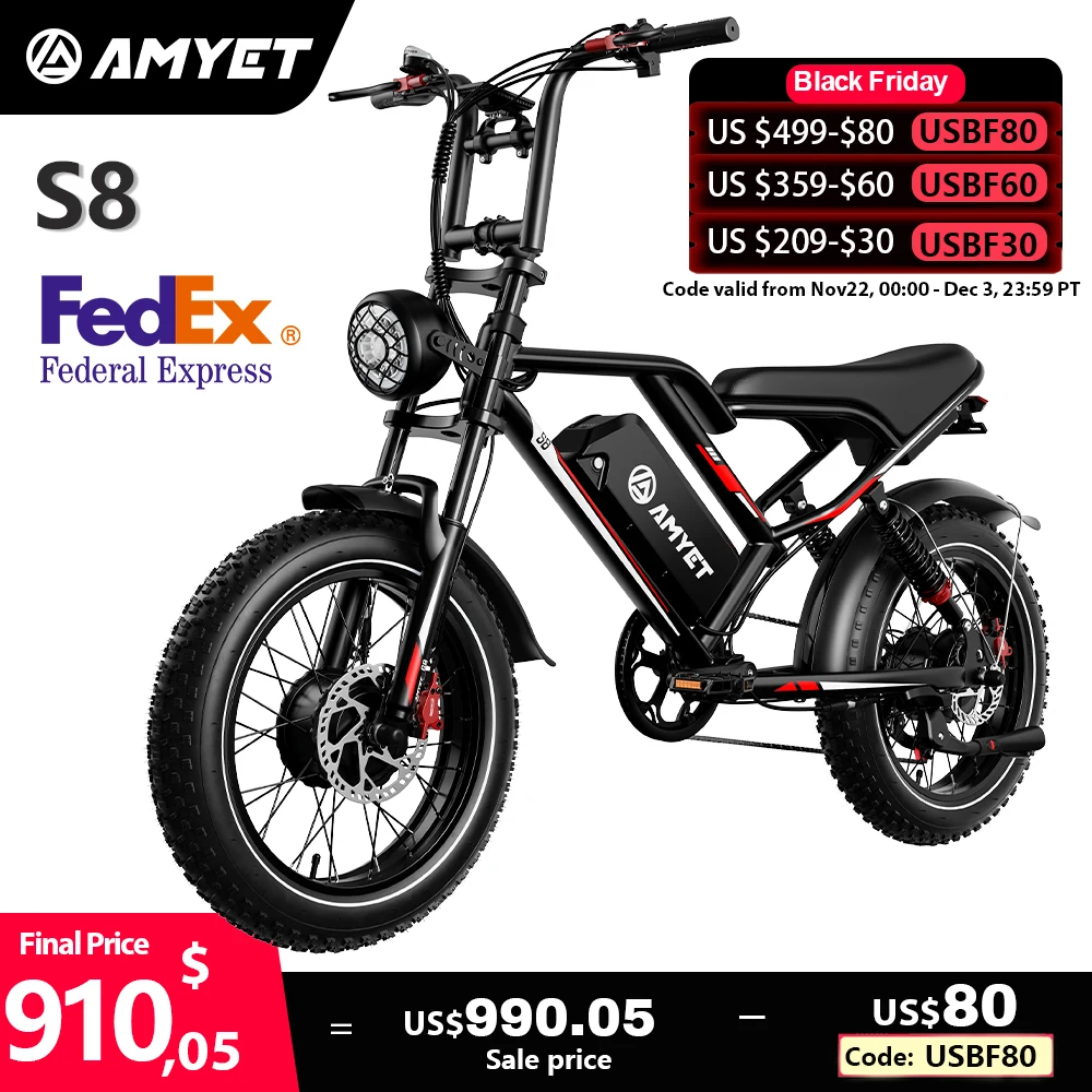 AMYET S8 Adults Electric Bike For Men 2000W Dual Motor Bicycle 48V 25AH Battery 20