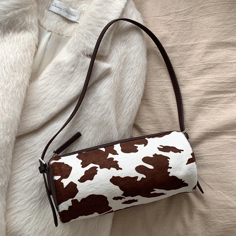Real Horse Hair Cylindrical Bags For Women Luxury Designer Handbag Purse 2026 New In Cowhide Strap Cow Pattern Underarm Shoulder