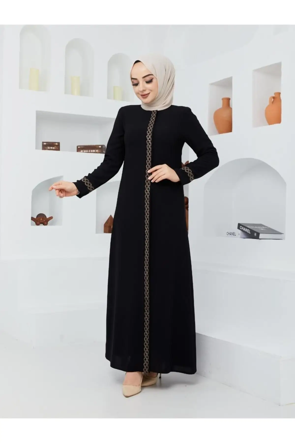 Stone Embroidered Abaya Arm and Stripe Stone Embroidered-Muslim Woman Ferace Abaya