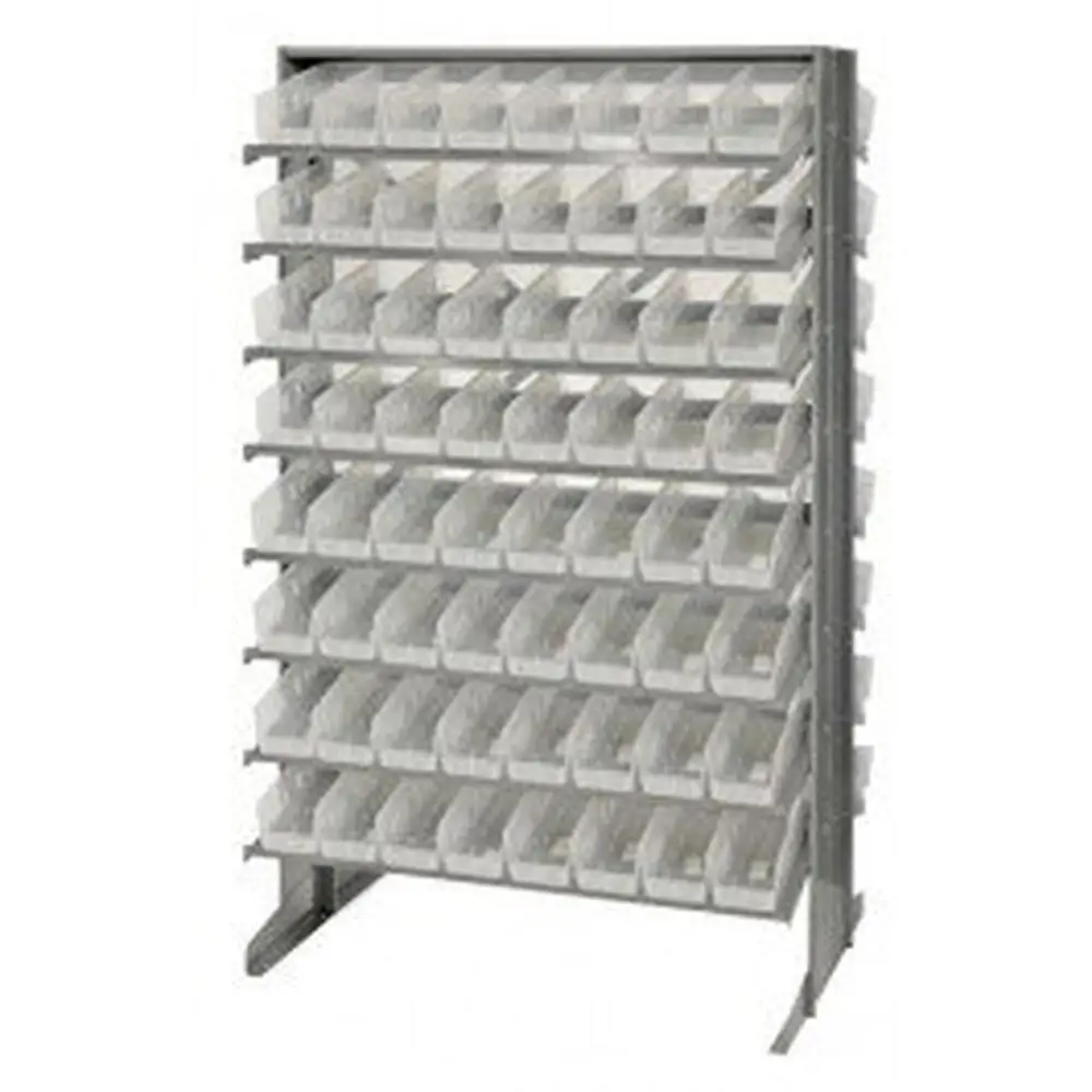 Double-Sided Storage Rack Display System 800 lb Capacity 64 Clear Bins 16 Shelves Compact Design