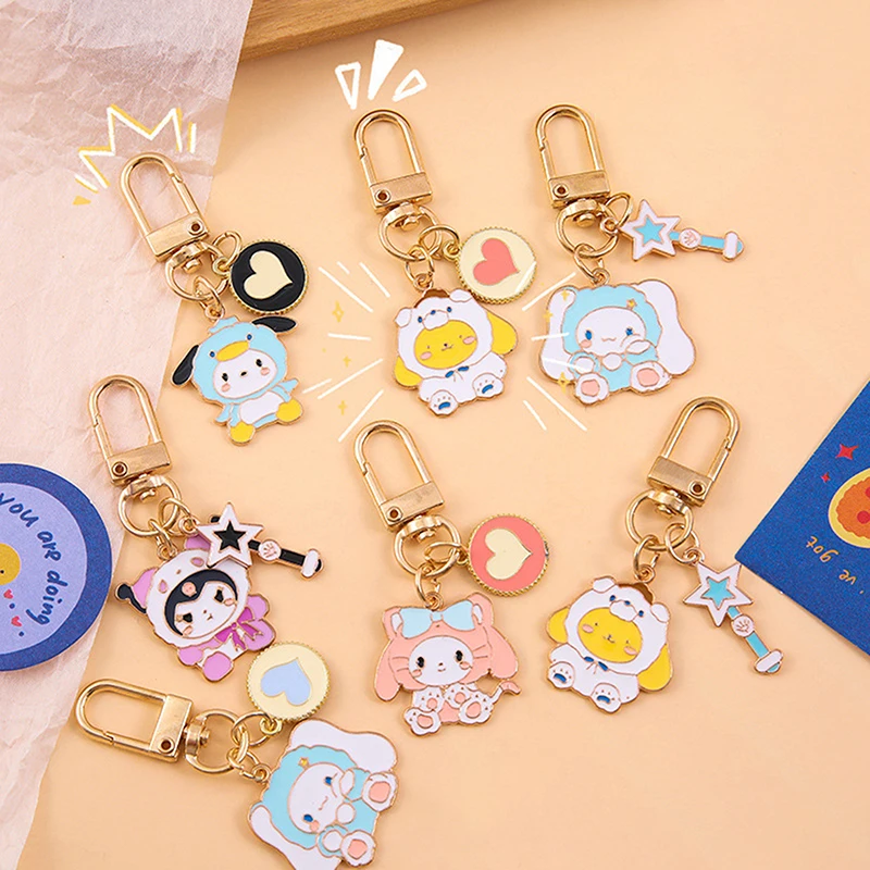 Sanrio Alloy Cartoon Keyring, Figuras Anime, melodia, Kuromi, Cinnamoroll, doce bonito Keychain, encantos saco, pingente, chaveiro do carro