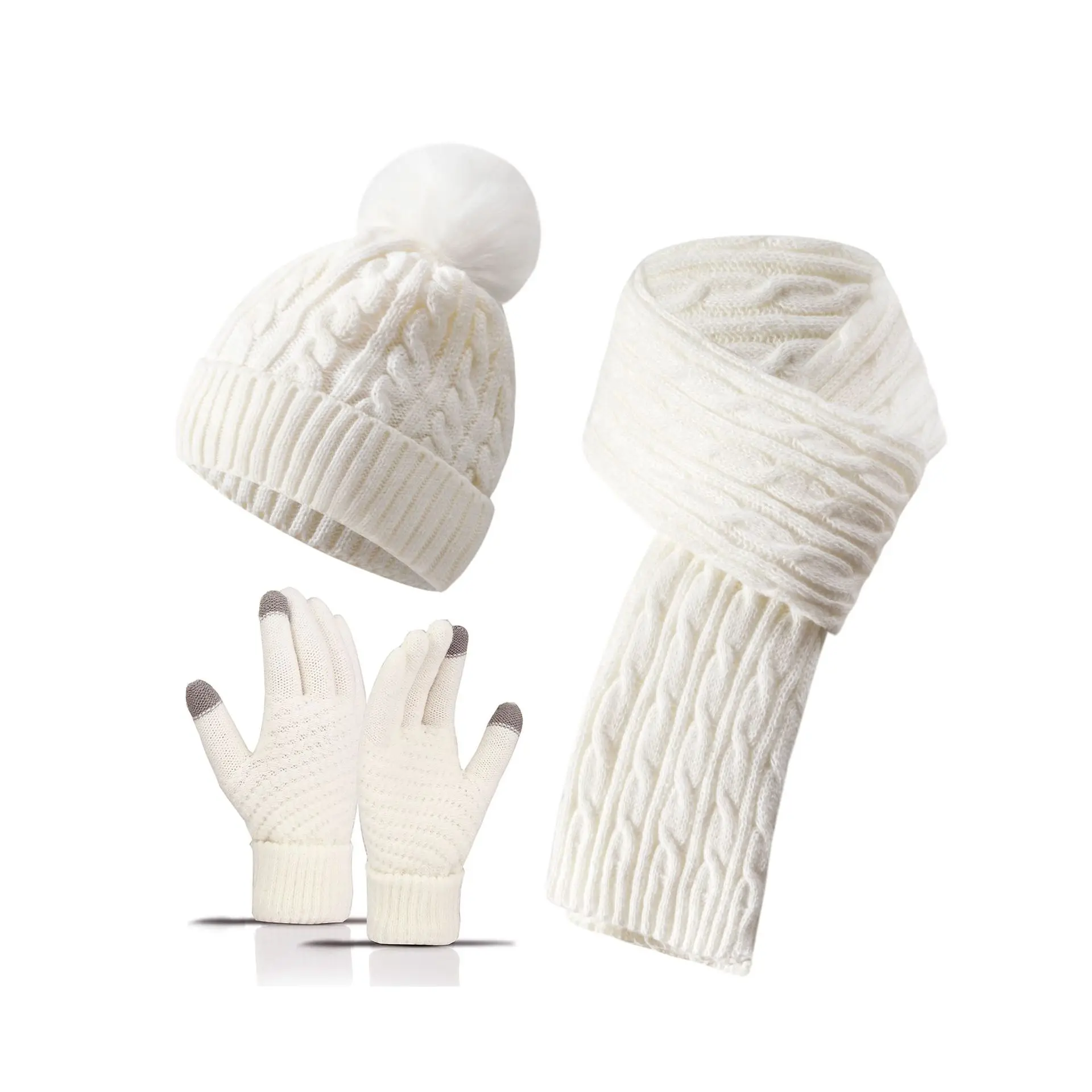 3Pcs Winter Knitted Beanie Hat Scarf Gloves Set Pom Pom Hat Touchscreen Gloves Neck Warmer for Women Men Outdoor Christmas Gifts