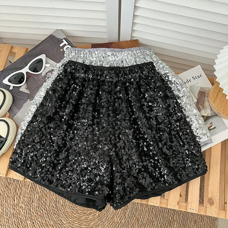 Pantalones cortos de pierna ancha con lentejuelas brillantes para mujer, Shorts de cintura elástica, corte en A, versátiles e informales, A la moda,