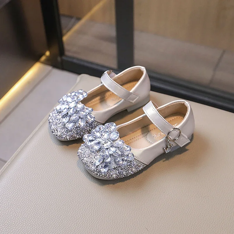 Luxury Girl Shoes Elegant Rhinestone Kids Leather Shoe Shallow Versatile Children Fashion Princess Causal Flat Shoes Autumn New