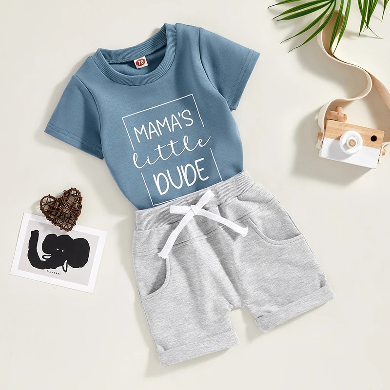 Toddler Boys Summer Outfit Sets Short Sleeve Letter Print T-shirt Solid Color Drawstring Shorts