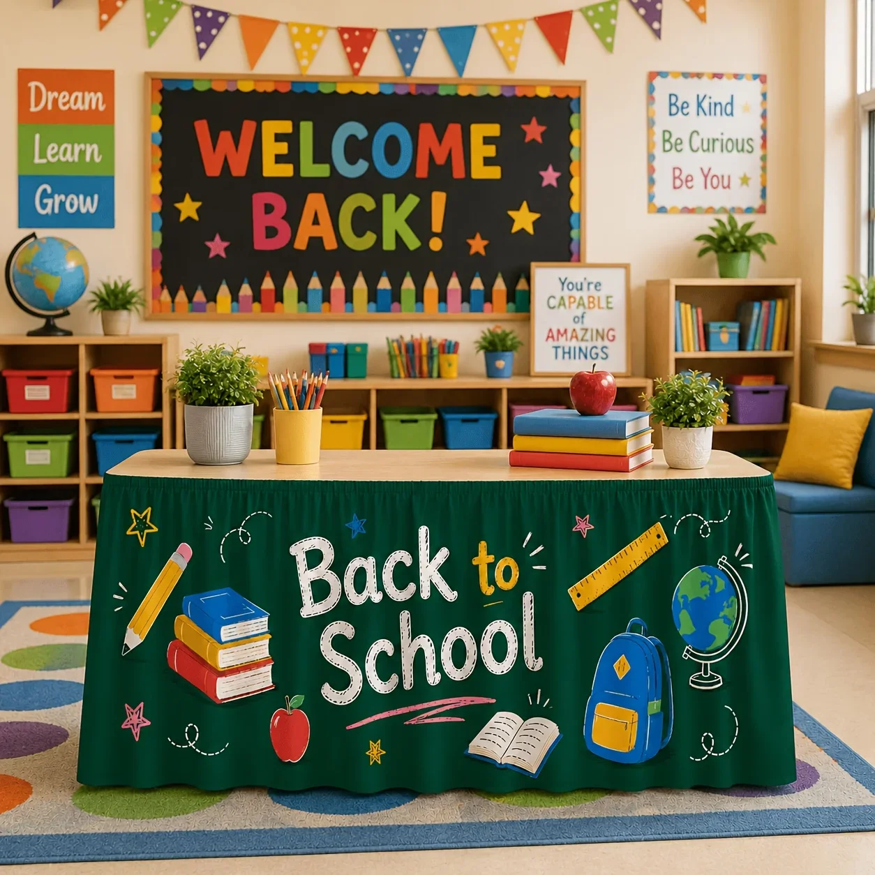 Back-to-school chalkboard desk skirt with pencils, books, backpack, apple globe, star printxzj