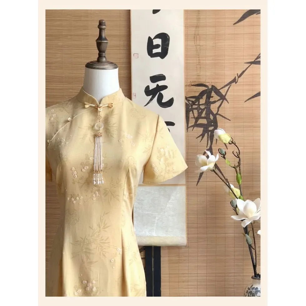 

Traditional Chinese Style Yellow Improved Cheongsam Women Daily Slimming Jacquard Chinese Style Qipao Dress Summer CH-083