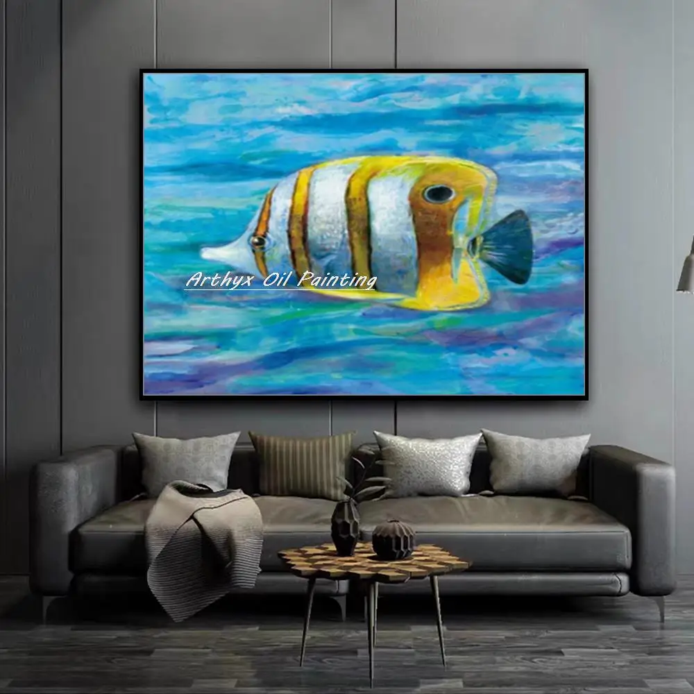 Arthyx Handmade  Fish Oil Paintings On Canvas Pop Art Modern Abstract Animal Poster Wall Picture For Living Room Home Decoration