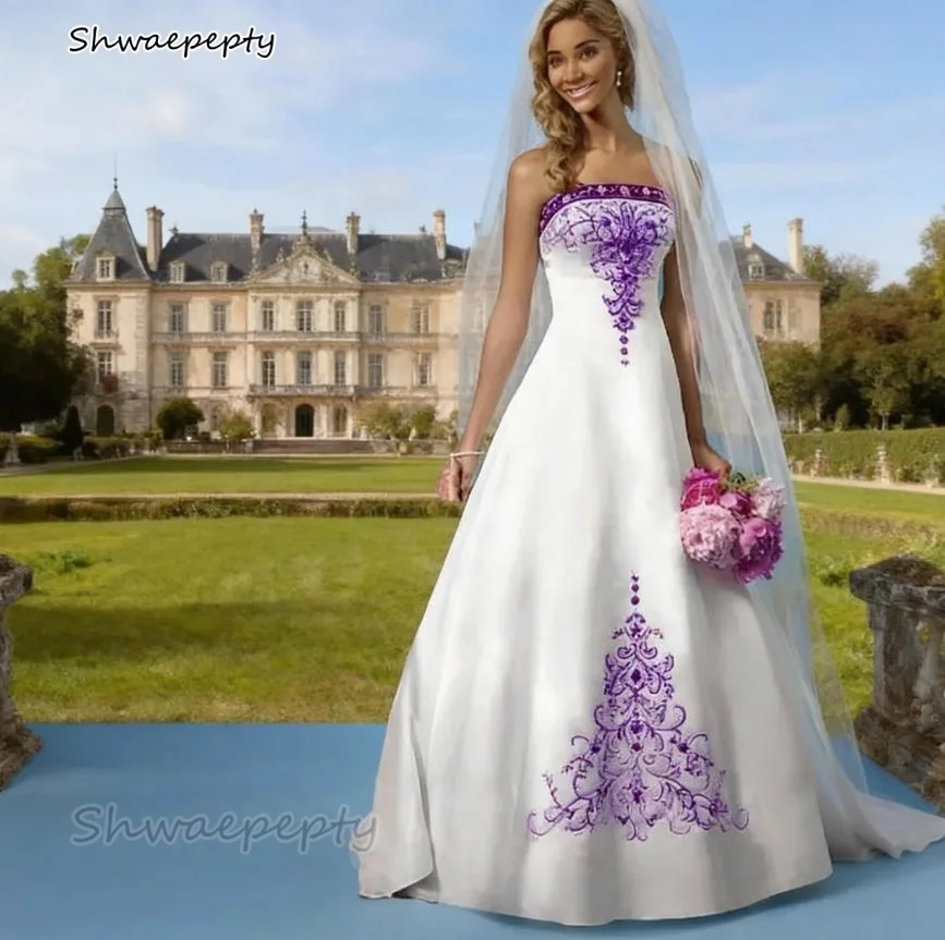 Vestido De novia blanco y rojo bordado elegante, cola De barrido, corte en A, vestidos De novia sin tirantes De satén, batas De novia personalizadas