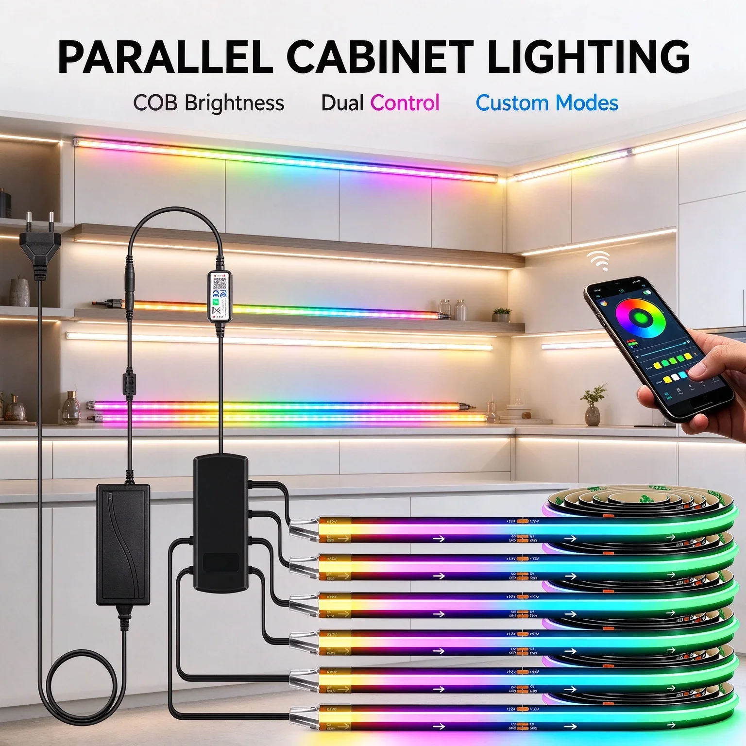 4/6PCS Smart RGB‑IC COB LED Strip Light Kit, EU US UK Support, Controlled by Phone APP & RF Remote, Schedule Timer, Music Rhythm