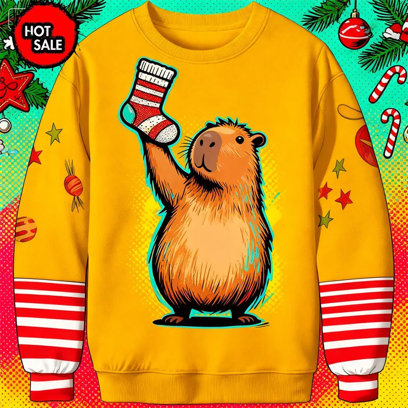 

Супер крутой 3D уродливый рождественский свитер с принтом капибары, пуловеры с длинными рукавами для мужчин и женщин, рождественский свитер, уличная одежда