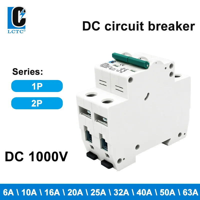 LCTC 2P DC 1000V Solar Mini Circuit Breaker 6A 10A 16A 20A 25A 32A 40A 50A 63A For PV System Photovoltaic Automatic Switch